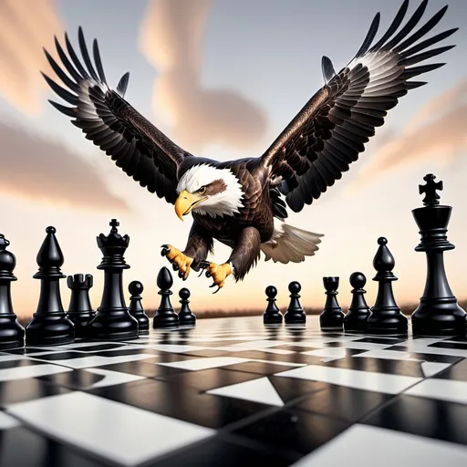 Prompt: Eagle flying over giant chess board