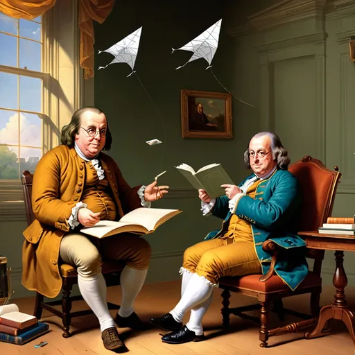 Prompt: Benjamin Franklin doing the famous kite test and ohm sitting next to him reading a book