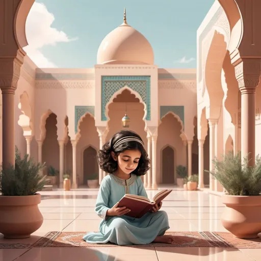 Prompt: A digital children illustration with soft colors of an arabic little girl reading a book in the central yard of her luxurious moroccan riyadh with authentic modern architecture