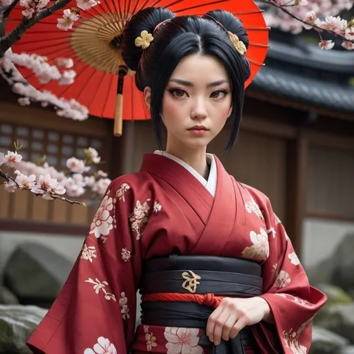 Prompt: iko is a striking figure with long, raven-black hair often styled in a traditional bun adorned with ornate hairpins. Her eyes are sharp and dark, reflecting her keen intellect and unwavering determination. Outfit: Aiko wears a beautifully crafted kimono, tailored for both elegance and combat. The kimono is deep crimson with intricate gold embroidery depicting dragons and cherry blossoms, symbolizing her strength and grace. Underneath, she wears a practical hakama for ease of movement.






