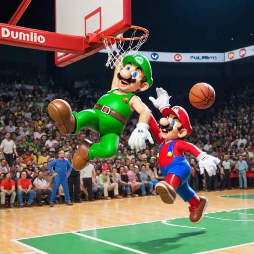 Prompt: luigi dunking on mario on the basketball court 