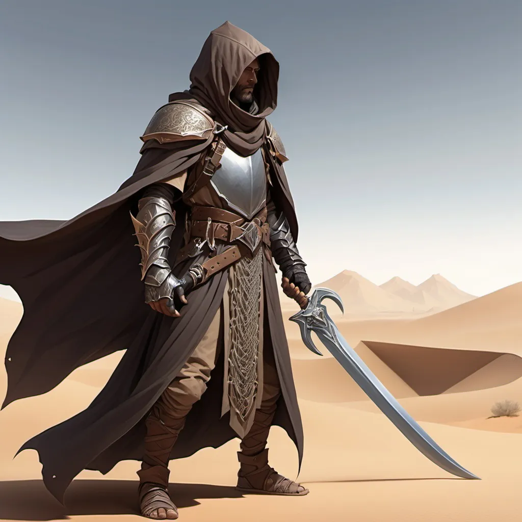 Prompt: A profile of a desert paladin wearing a flowing hooded cloak and chainmail holding a giant two=handed scimitar over his shoulder