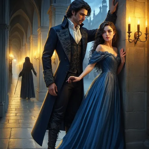 Prompt: digital realistic art, a love novel, motion art, A tall, dark-haired man dressed in a custom-made dark aristocratic suit and boots, presses a beautiful young woman against the wall. His hand is firmly on the wall next to her head, the other is gently touching her waist. A girl in a long, elegant blue dress looks at him with defiantly. On the background of the corridor of the palace with torches on the walls and stone floor at magic night. Blue and yellow magic