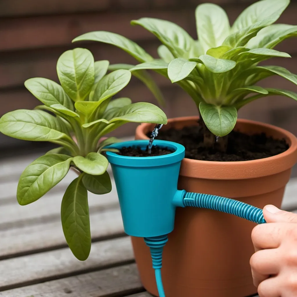 Prompt: self watering small device for plant pots, connected to water line