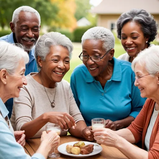 Prompt: A warm, inviting image of a diverse group of senior citizens enjoying a social gathering, possibly discussing their healthcare plans, symbolizing community and support