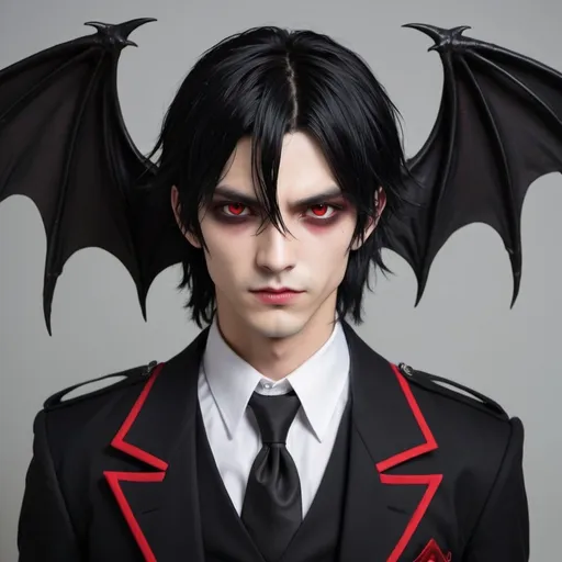 Prompt: Shoulder length black hair” + “goth style uniform suit” + “red eyes” + “sharp vampire fangs” + “small bat wings” +” small black horns” + tall mysterious but handsome”
