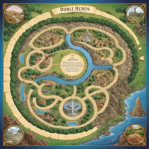 Prompt: A board game titled "Bible Heroes: Journeys of Faith" ga

Game Board:
The journey board is designed as a winding path through various biblical landscapes. It starts in the Garden of Eden and ends at the gates of the New Jerusalem. The path is divided into 40 spaces, with every fifth space being a "Blessing Space" marked by a dove symbol. The landscapes transition as you progress:


Start to space 10: Lush gardens and rivers (representing early Genesis)
Spaces 11-20: Desert and mountain terrain (Exodus and wilderness wanderings)
Spaces 21-30: Hills and cities (Promised Land and Kingdom era)
Spaces 31-40: Mixed terrain leading to a radiant city (representing various periods and ending with Revelation)