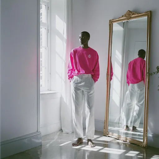 Prompt: A figure stands confidently in a softly lit indoor space, casting a relaxed yet poised aura. Dressed in a vibrant pink long-sleeve shirt with a light design and crisp white trousers, the subject exudes a casual elegance, accentuated by bare feet on the sleek floor. The light streams in through a large window, illuminating the space and casting soft shadows, while a mirror reflects a glimpse of the surroundings, adding depth to the composition. The cool color palette and subdued lighting create an intimate atmosphere, inviting viewers into a moment of quiet contemplation. Overall, there's a sense of tranquility and confidence emanating from the scene, effectively capturing a serene yet dynamic narrative.