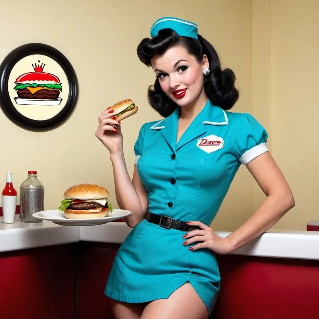 Prompt: pin up años 50 vestida con uniforme de "diner"  en tonos turquesa con una hamburguesa en las manos