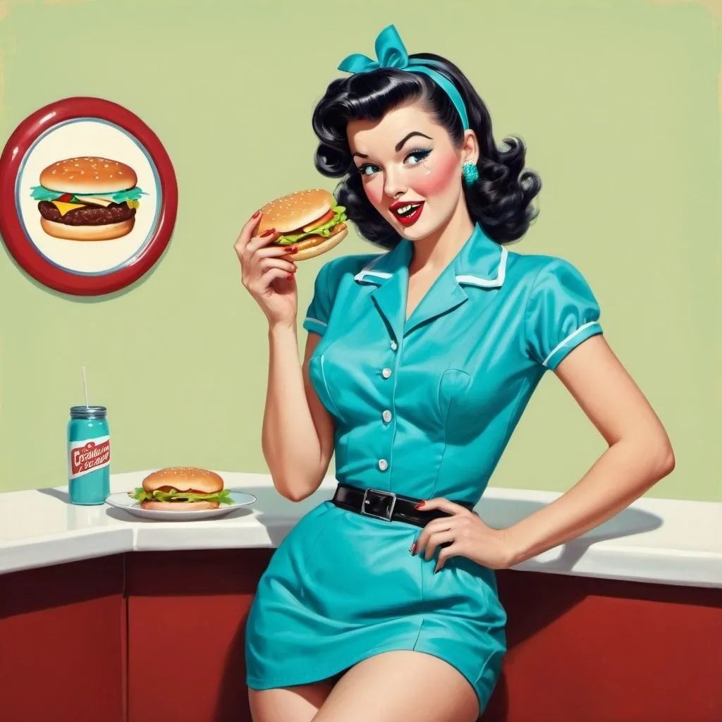 Prompt: illustration 50's pin up dressed in turquoise tones eating a hamburger in a turquoise plain background