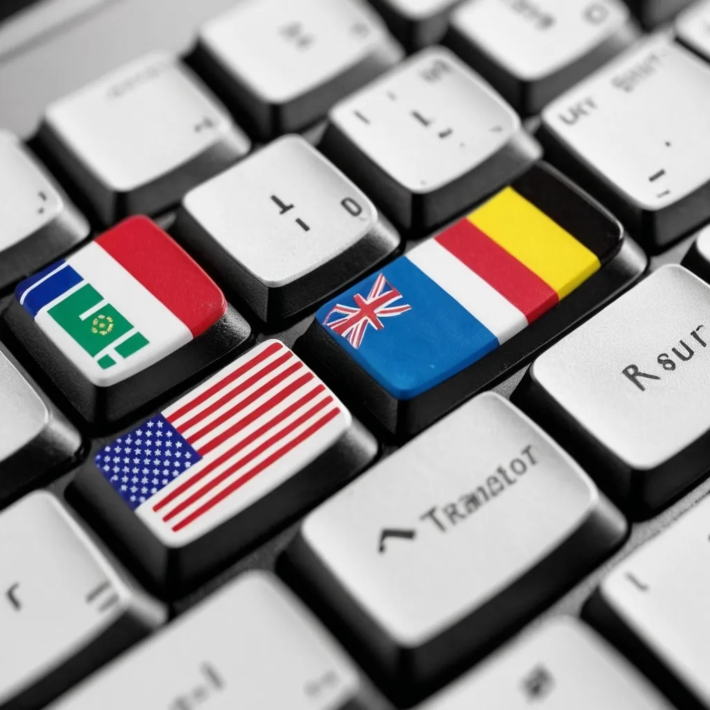 Prompt: A keyboard flags of countries printed on it's keys instead of letters, also with a key for Translate