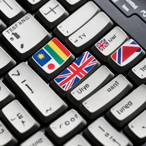 Prompt: A keyboard flags of countries printed on it's keys instead of letters, also with a key for Translate