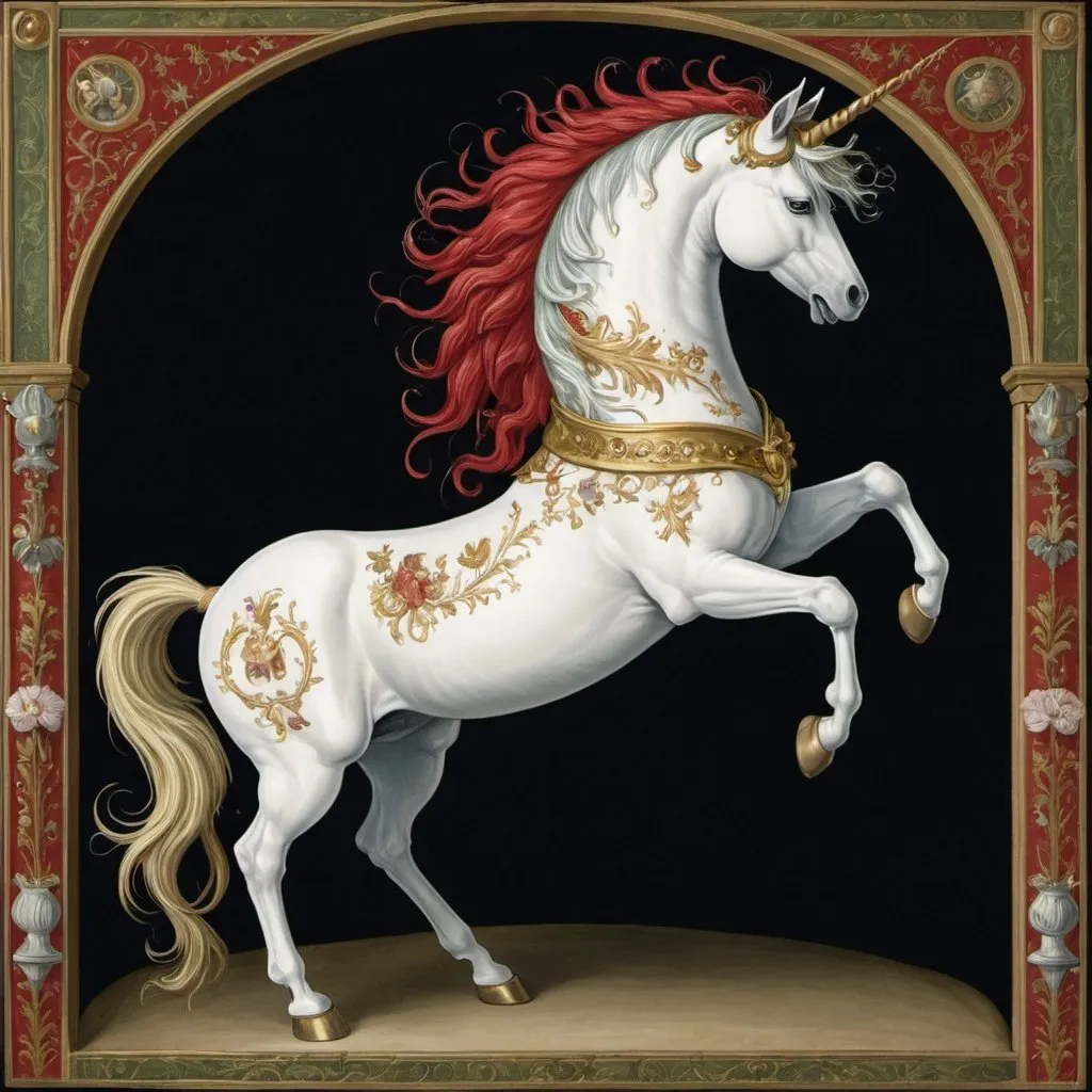 Prompt: a unicorn in the renaissance style rearing on 2 back legs. use gold, red, black, green, and white.