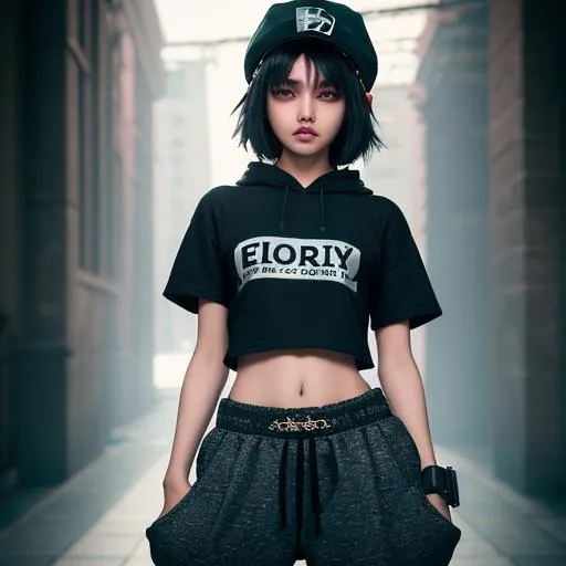 Prompt: Dreamy young woman in fashion pose, intricate details, baggy pants, t-shirt, crop hoodie, goggles, cap, bellybutton piercing, DSLR camera, F/2.8 lens flare, Canon 5D, 16k super-resolution, surreal, ethereal, mysterious, highly detailed, fantasy, dreamy, fashion, thin, fit, short messy hair, bellybutton piercing, surreal, detailed, professional, atmospheric lighting