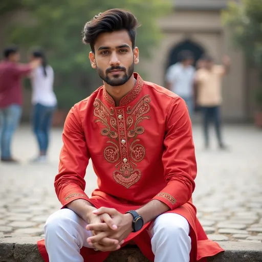 Prompt: Dressed in a vibrant red kurta adorned with intricate patterns and complemented by white trousers, a young man sits confidently on a stone platform, his hands clasped in a relaxed yet poised manner. His expression is calm and thoughtful, while behind him, a subtle backdrop of blurred figures suggests a lively outdoor setting, bathed in soft daylight. In the background, a couple of people dressed in casual attire contribute to the scene's casual atmosphere, enhancing the sense of community and warmth. The cobblestone ground adds a rustic texture to the image, merging tradition with modernity, while the overall composition draws attention to the subject’s stylish outfit and demeanor, conveying a moment of reflection amidst a vibrant environment.