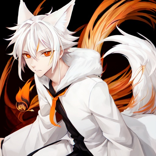 Prompt: A male white three tailed fox with orange eyes 