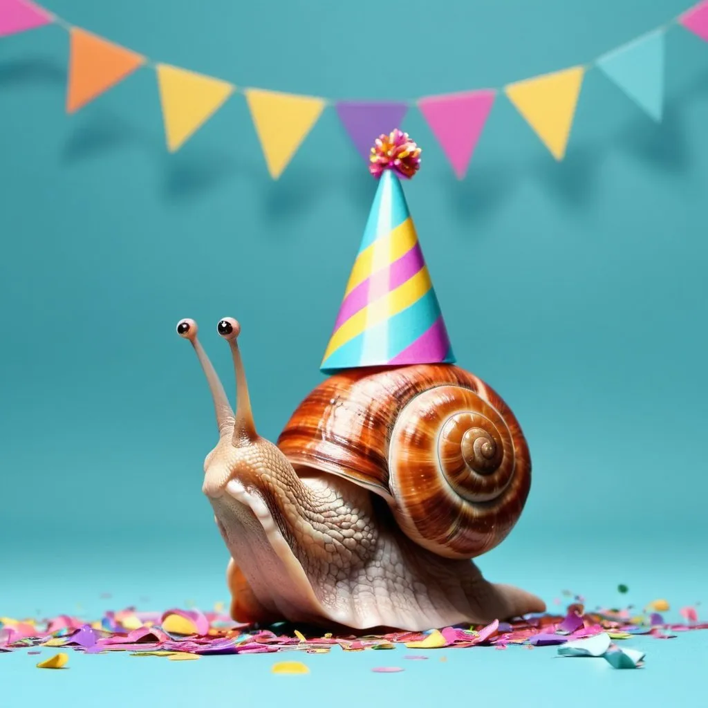 Prompt: a cute snail in animated style and a party hat and confetti around it