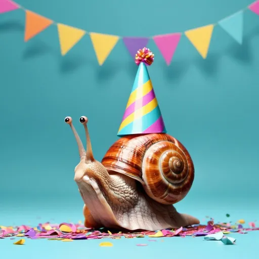 Prompt: a cute snail in animated style and a party hat and confetti around it