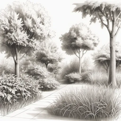 Prompt: A sketch of trees leaves grass and bushes