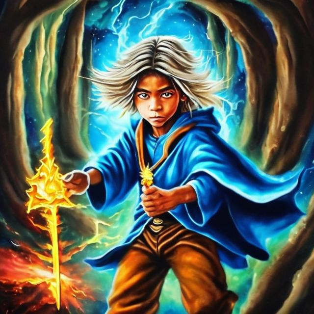Prompt: young Wizard   using magic van go style painting 