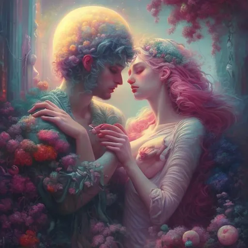 Prompt: romantic, soulmate love, surreal painting, dreamy atmosphere, vibrant colors, soft lighting, detailed features, emotional connection, high quality, surrealism, love, dreamy, vibrant, detailed, emotional, soft lighting, surreal painting
