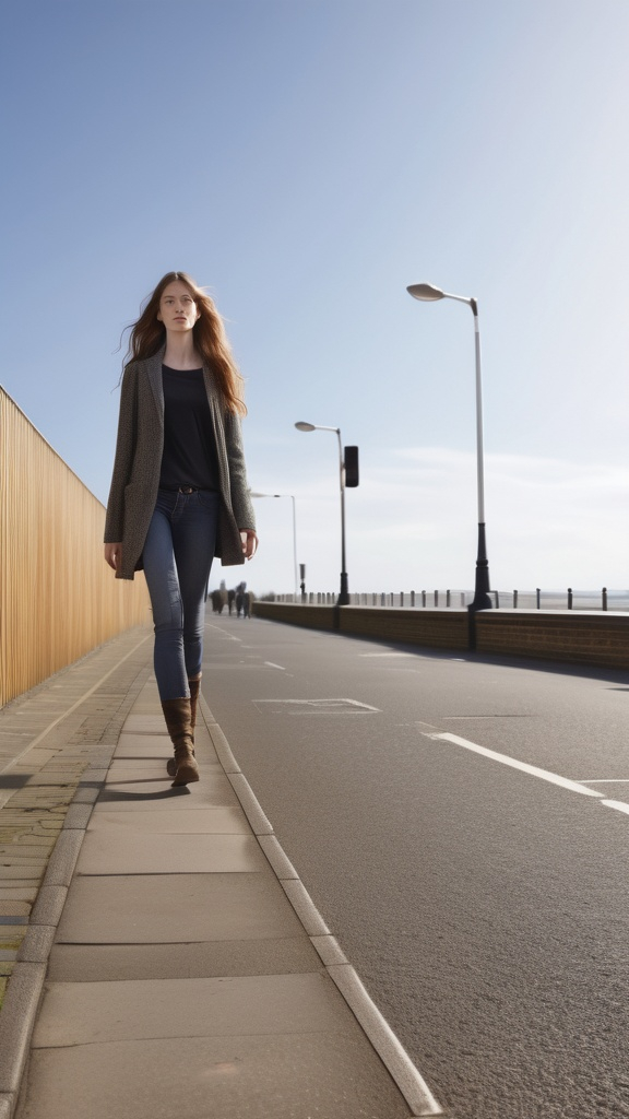 Prompt: Tall young woman walking down the high street, detailed clothing, realistic, natural lighting