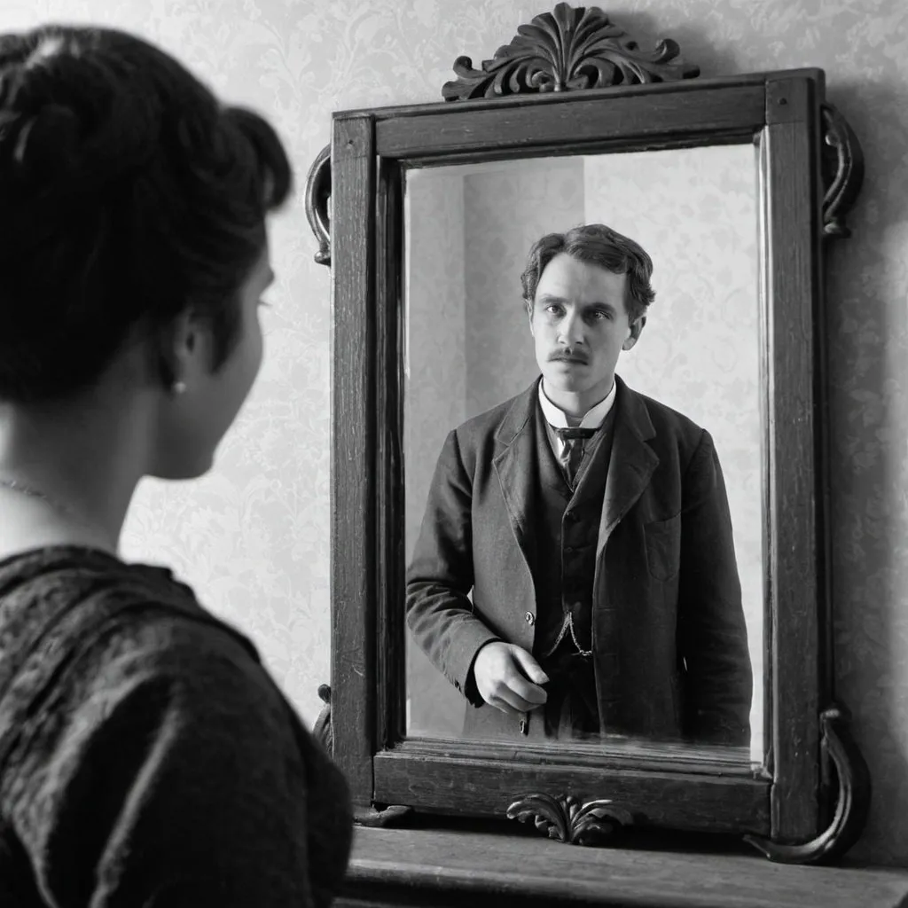 Prompt: a black and white image of a person looking through a mirror into their family's past 100-200 years ago
