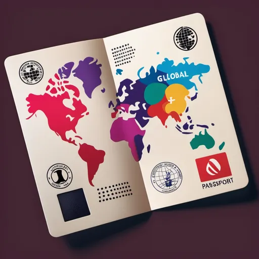 Prompt: "A passport stamped with logos of global creative companies like Adobe, Apple, and others, representing international opportunities and global reach."