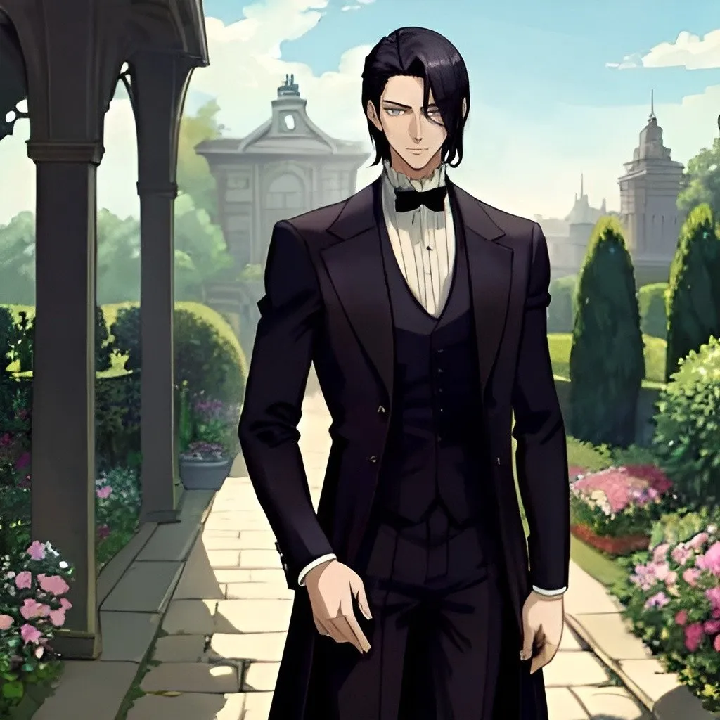 Prompt: Anime an anime man, gentleman, beautiful gentle features, dark hair, pale blue eyes, dressed in a 1920's suit, blue skies in the background, short hair, detailed eyes, 4k, high-quality, anime, dreamy lighting, confident man, wind swept coat, gothic, handsome, manly, tall, watercolor background, broad shoulders, gentle expression, older, manly, mansion in the background, in a garden, coy smile,