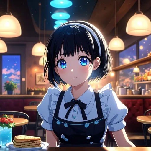 Prompt: Anime, a cute spunky waitress, soft background, dreamy atmosphere,  short black hair, blue eyes, detailed eyes, 4k, high-quality, anime, dreamy lighting