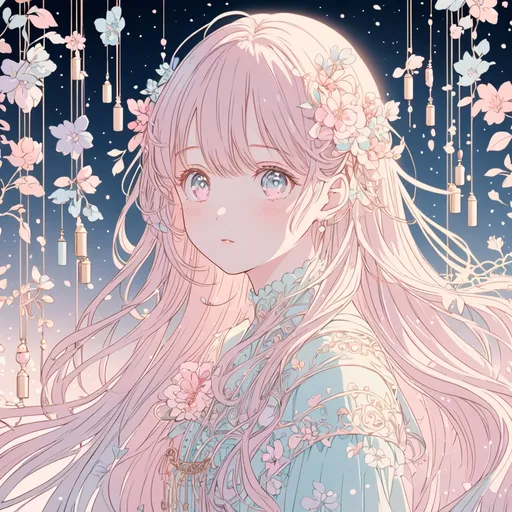 Prompt: Anime chimes girl, intricate line art, soft pastel colors, dreamy atmosphere, flowing long hair with floral accents, dainty chimes accessories, detailed eyes, 4k, high-quality, anime, pastel tones, dreamy lighting