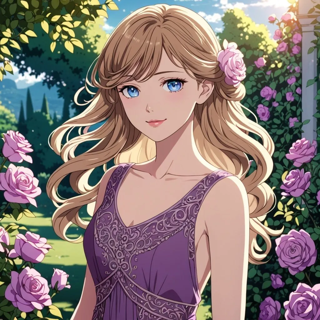 Prompt: Anime an anime woman, slender, beautiful gentle features, light brown hair, cute lips, pale blue eyes, dressed in a 1920's fancy plum purple dress, intricate line art, dreamy garden atmosphere, blue skies in the background, magenta roses in the background, wind swept hair, long hair, coy smile, long dress, detailed eyes, 4k, high-quality, anime, dreamy lighting, hair done up,