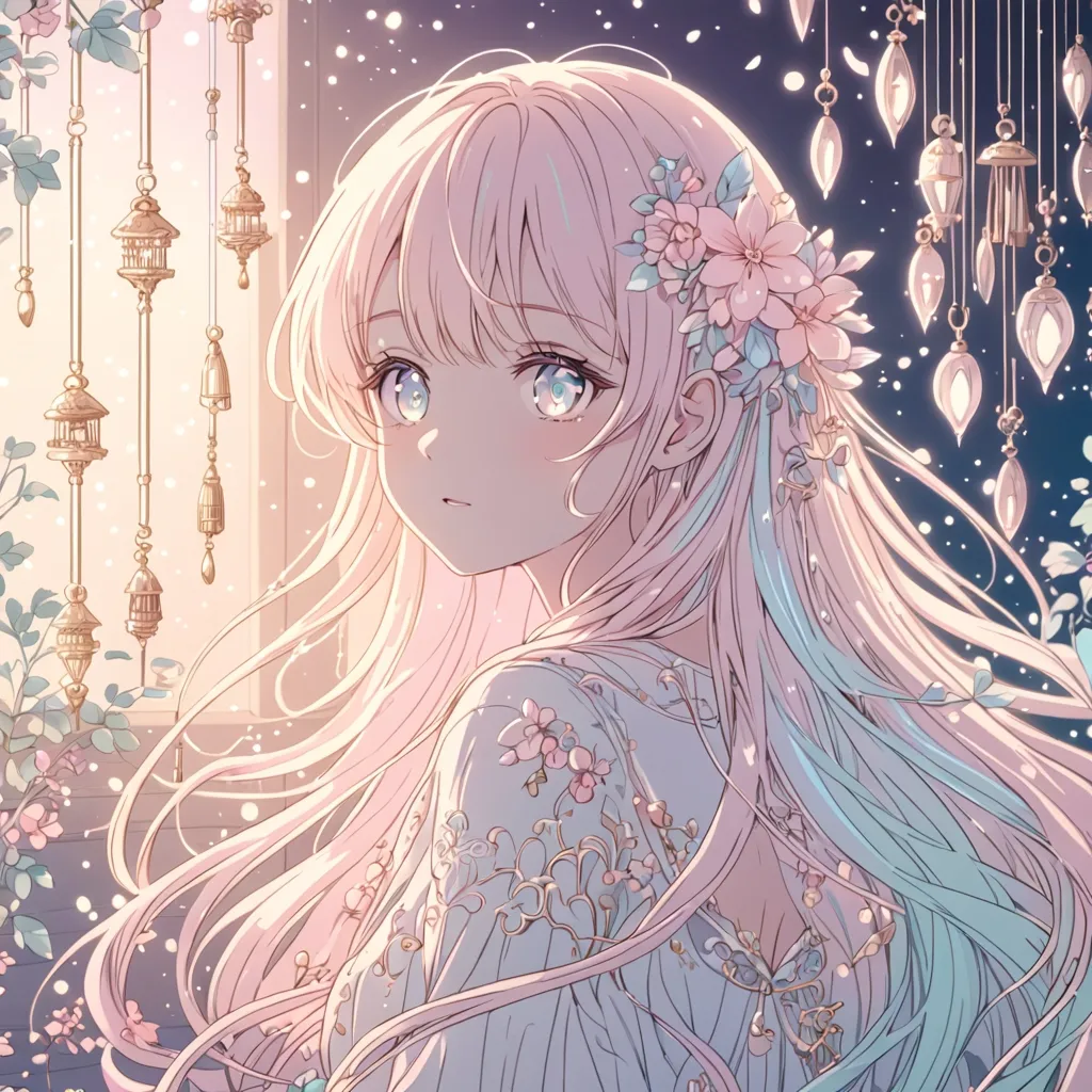 Prompt: Anime chimes girl, intricate line art, soft pastel colors, dreamy atmosphere, flowing long hair with floral accents, dainty chimes accessories, ethereal glow, detailed eyes, 4k, high-quality, anime, pastel tones, dreamy lighting