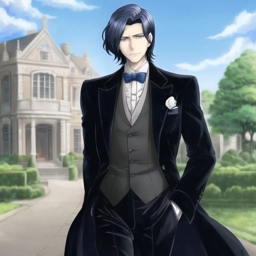 Prompt: Anime an anime man, gentleman, beautiful gentle features, dark hair, pale blue eyes, dressed in a 1920's suit, blue skies in the background, short hair, detailed eyes, 4k, high-quality, anime, dreamy lighting, confident man, wind swept coat, gothic, handsome, manly, tall, watercolor background, broad shoulders, gentle expression, older, manly, mansion in the background, in a garden, coy smile,