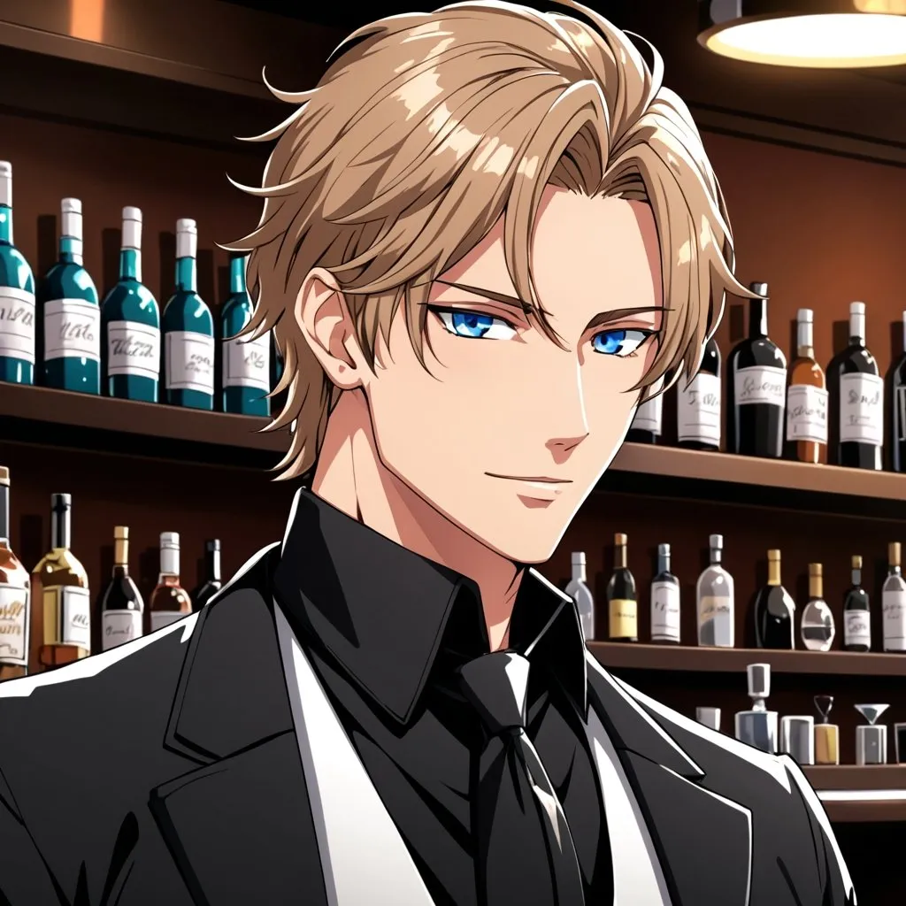 Prompt: an anime handsome flirtatious man with light brown hair and blue eyes in a black bartender uniform