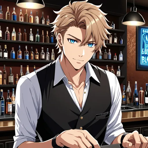Prompt: an anime handsome flirtatious man with light brown hair and blue eyes in a black bartender uniform