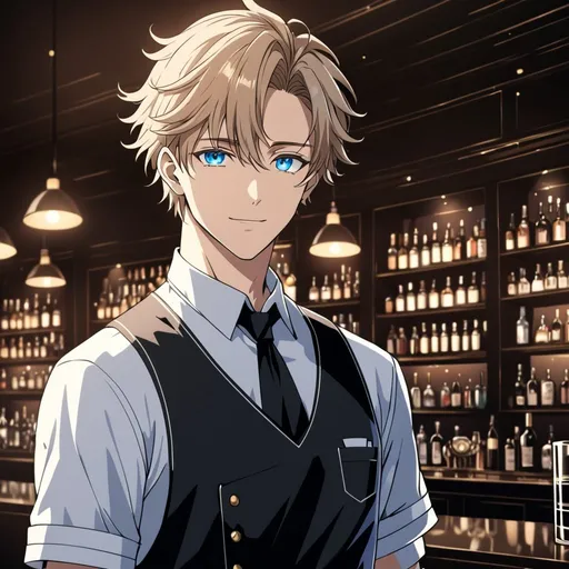 Prompt: Anime an anime handsome, cool man, half smile, with light brown hair, and blue eyes, in a black bartender uniform, intricate line art, dreamy atmosphere, short styled hair, detailed eyes, 4k, high-quality, anime, dreamy lighting