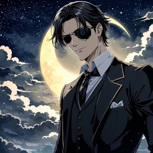 Prompt: Anime an anime man, middle aged gentleman, slender, beautiful gentle features, dark black hair, yellow eyes, dressed in a 1920's black suit, blue skies in the background, short hair, eyepatch on one eye, detailed eyes, 4k, high-quality, anime, dreamy moonlight lighting, confident man, wind, starry sky, gothic, handsome, manly, tall, mystic wind swirls, watercolor background, broad shoulders, crimson vest,