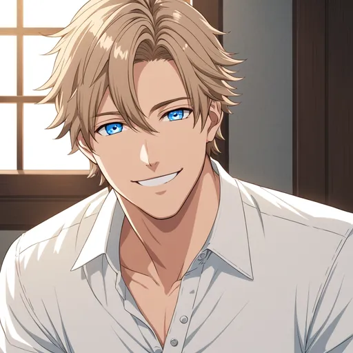 Prompt: an anime handsome smiling man with light brown hair and blue eyes in a white button up shirt