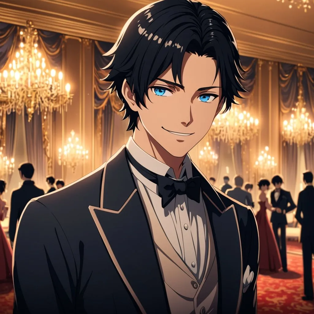 Prompt: Anime, mid twenties gentleman, smirking, soft background, dreamy atmosphere,  black hair, blue eyes, in a ballroom, detailed eyes, 4k, high-quality, anime, dreamy lighting