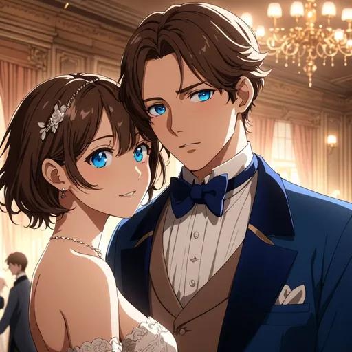 Prompt: Anime, flirtatious mid twenties gentleman, soft background, dreamy atmosphere, short brown hair, blue eyes, in a ballroom, detailed eyes, 4k, high-quality, anime, dreamy lighting