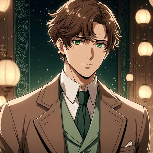 Prompt: Anime an anime man, manly, beautiful gentle features, brown hair, and green eyes, intricate line art, dreamy atmosphere, well kept short hair, detailed eyes, 4k, high-quality, anime, dreamy lighting, thoughtful expression, detective outfit, 1920's suitcoat,