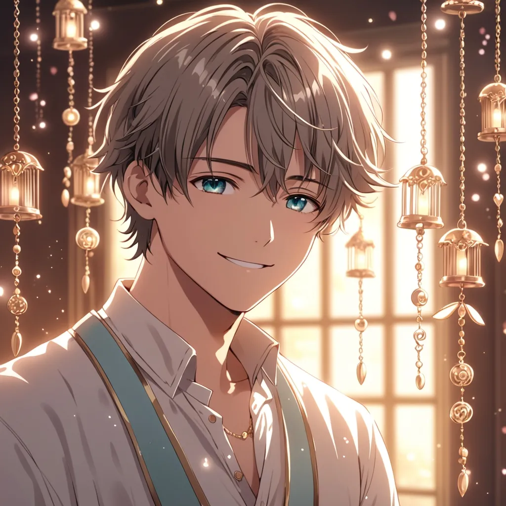 Prompt: Anime stars charming man, soft background, dreamy atmosphere, short  hair, a sweet smile, dainty chimes accessories, detailed eyes, 4k, high-quality, anime, dreamy lighting