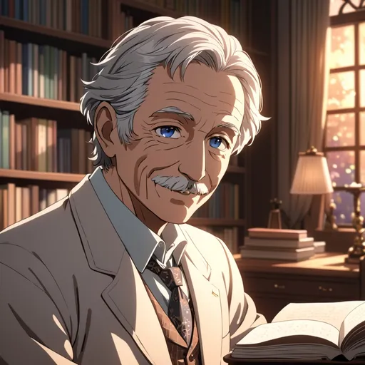 Prompt: Anime stars charming older gentleman, soft background, dreamy atmosphere, short hair, a sweet smile, in a study, detailed eyes, 4k, high-quality, anime, dreamy lighting
