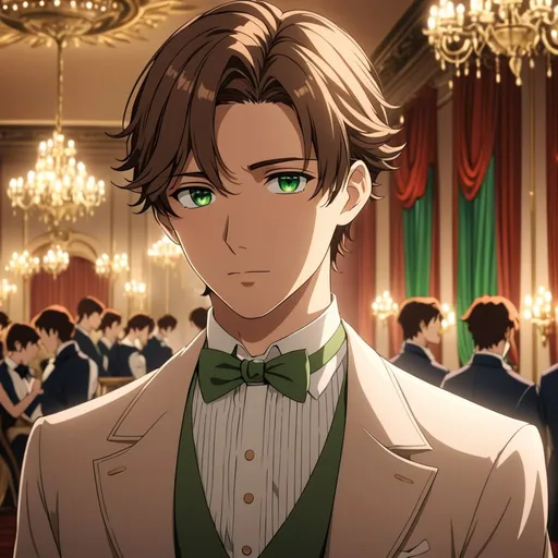 Prompt: Anime handsome mid twenties gentleman, soft background, dreamy atmosphere, short brown hair, green eyes, in a ballroom, detailed eyes, 4k, high-quality, anime, dreamy lighting