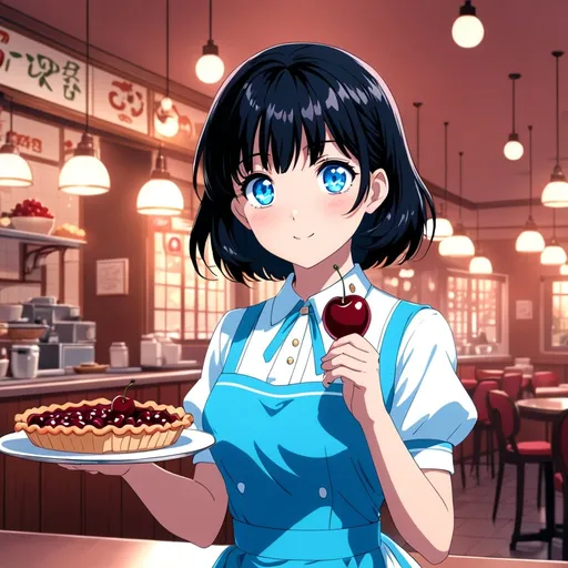 Prompt: Anime, a cute playful waitress, holding cherry pie, soft retro background, dreamy atmosphere,  short asymetrical black hair, blue eyes, detailed eyes, 4k, high-quality, anime, dreamy lighting