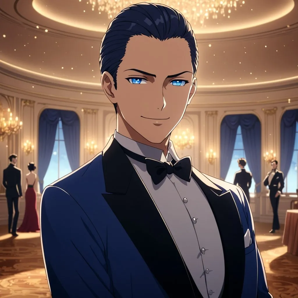 Prompt: Anime, mid twenties gentleman, smirking, soft background, dreamy atmosphere,  slicked back hair, blue eyes, in a ballroom, detailed eyes, 4k, high-quality, anime, dreamy lighting