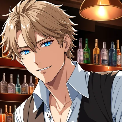 Prompt: an anime handsome flirtatious man with light brown hair and blue eyes in a bartender uniform