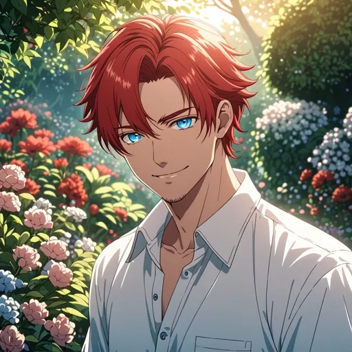 Prompt: Anime an anime man, manly, beautiful gentle features, a smirk, red hair, and blue eyes, dressed in a white loose button up shirt, intricate line art, dreamy garden atmosphere, well kept short hair, detailed eyes, 4k, high-quality, anime, dreamy lighting
