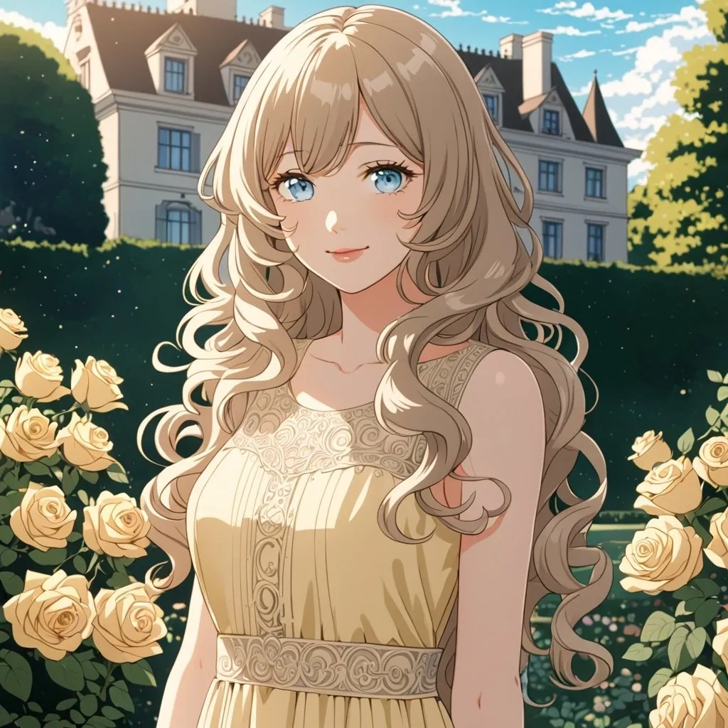 Prompt: Anime an anime woman, slender, beautiful gentle features, light brown hair, cute lips, sweet expression, coy smile, pale blue colored eyes, dressed in a light yellow 1920's dress, intricate line art, in a dreamy garden, mansion in the background, well kept loose curls, very long hair, detailed eyes, 4k, high-quality, anime, dreamy lighting, well endowed, roses in the background